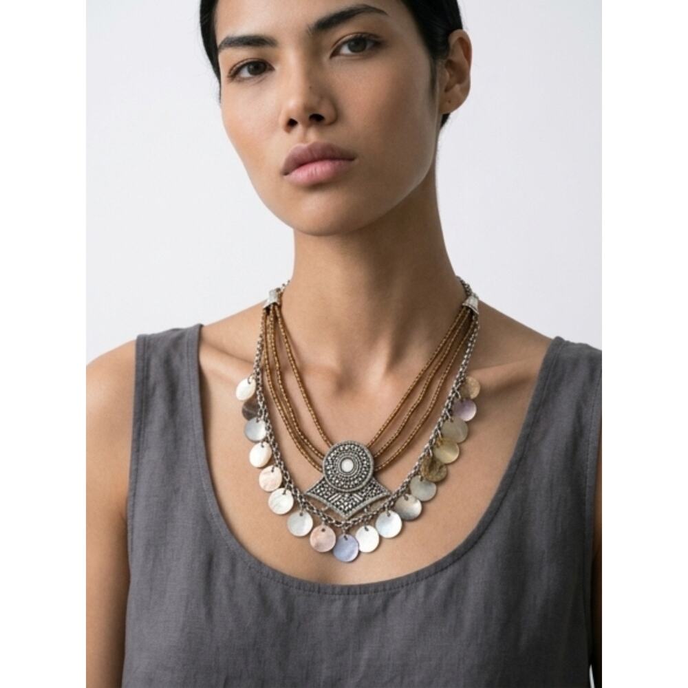 Boho Layered Necklace Mother of Pearl Silver Medallion Handmade - Picture 3 of 5